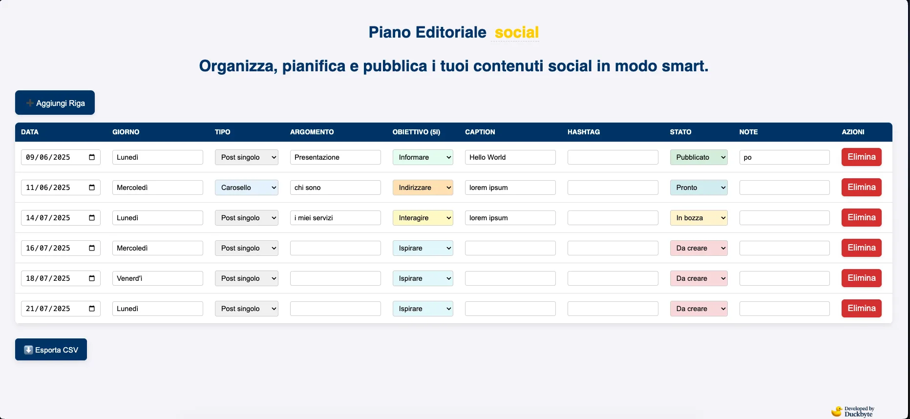 Piano Editoriale Social - Strumento web per pianificazione contenuti con calendario visuale